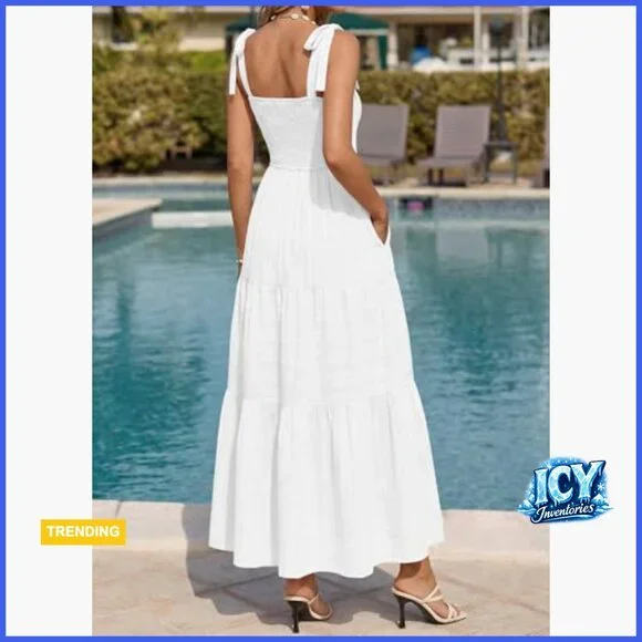 Cotton Boho Maxi Dress Spaghetti Strap Smocked A-Line Sundress - Picture 3 of 7